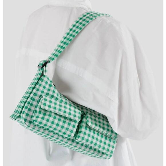 Baggu NWOT Cargo Shoulder Bag In Gingham Green White - Picture 1 of 11